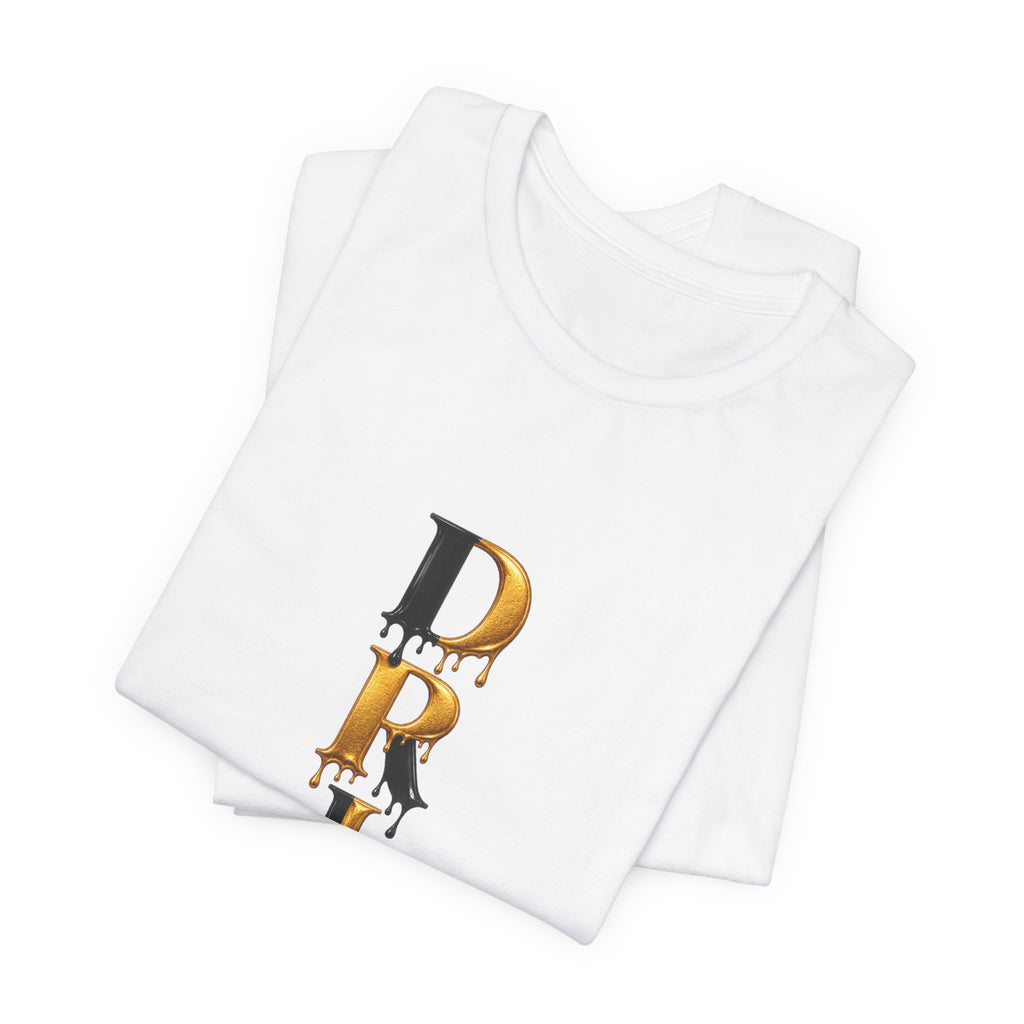 Drip Vertical Graphic Tee — Gold & Black Dripping Letter Design