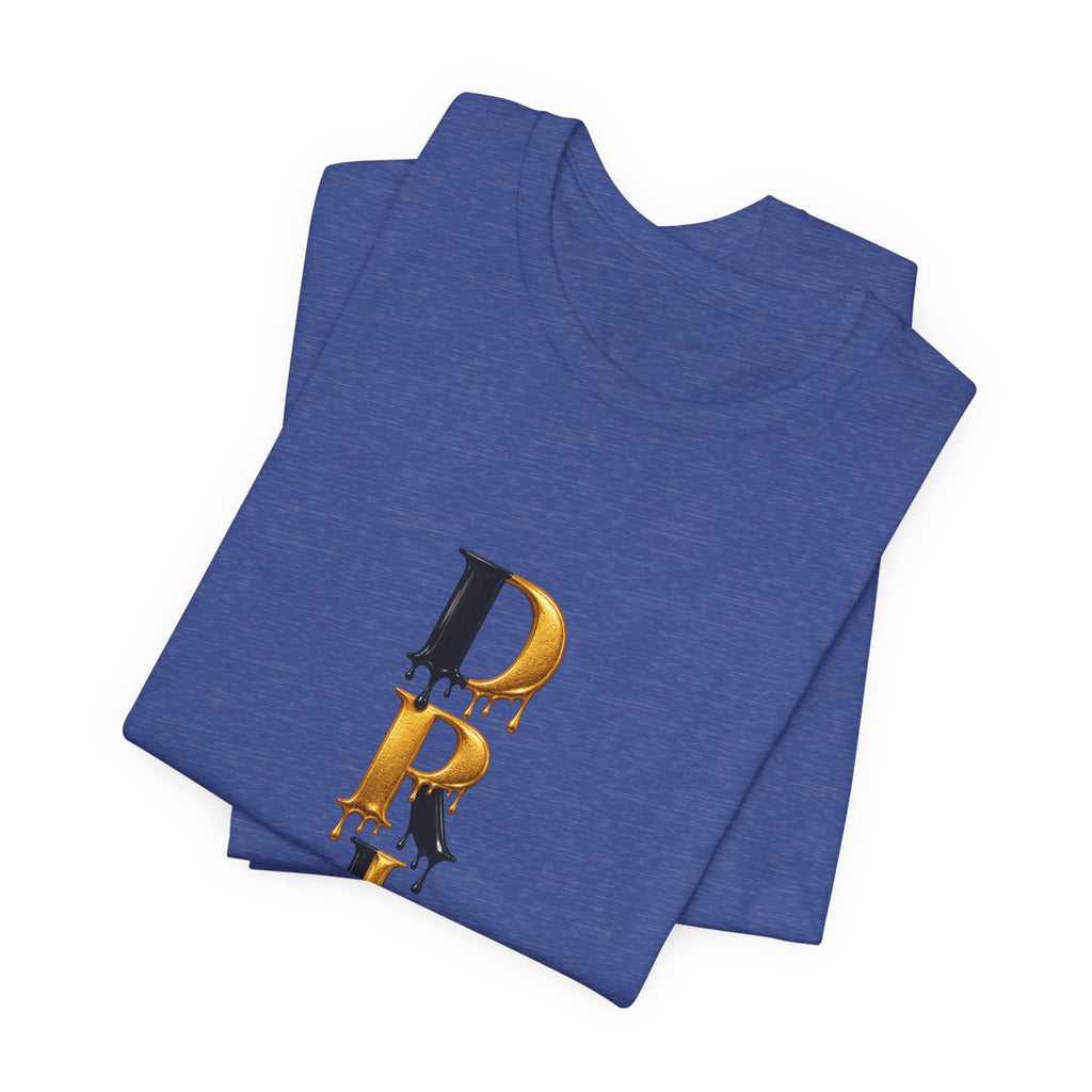 Drip Vertical Graphic Tee — Gold & Black Dripping Letter Design