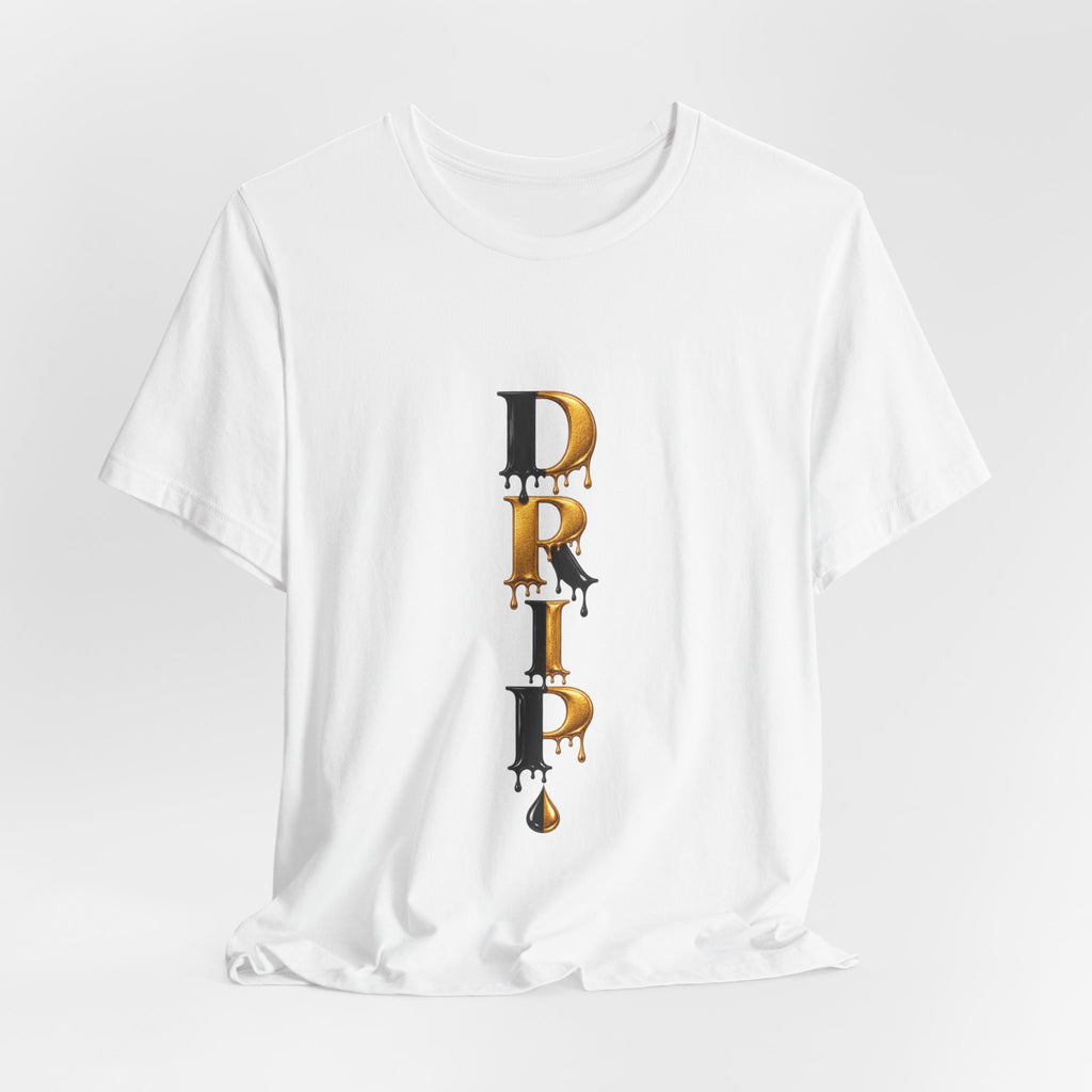 Drip Vertical Graphic Tee — Gold & Black Dripping Letter Design