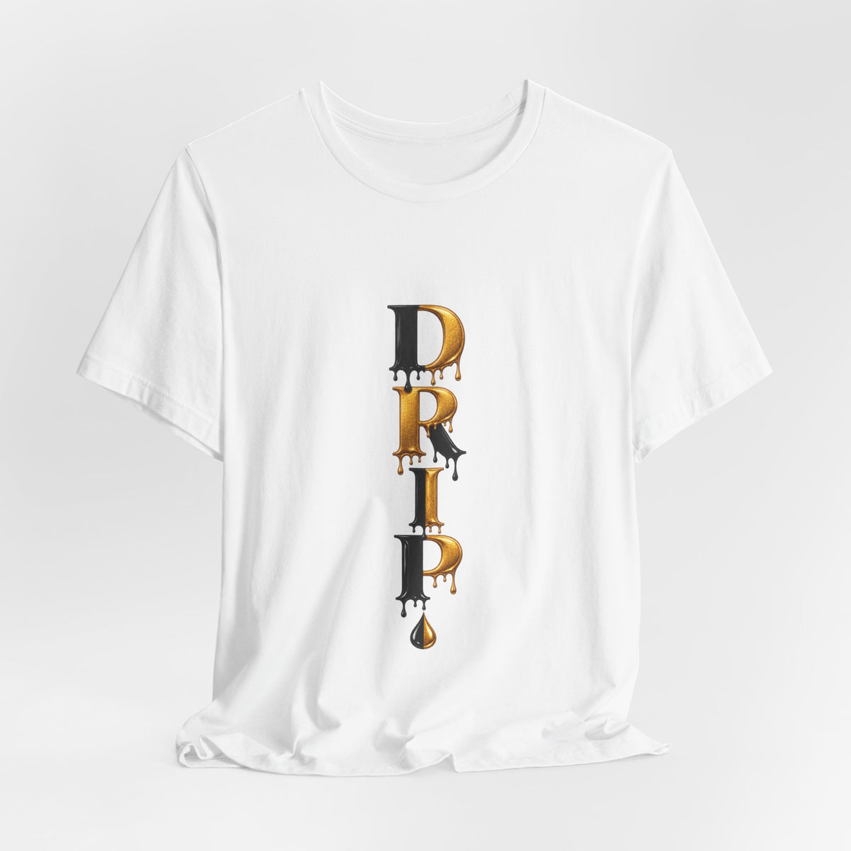 Drip Vertical Graphic Tee — Gold & Black Dripping Letter Design